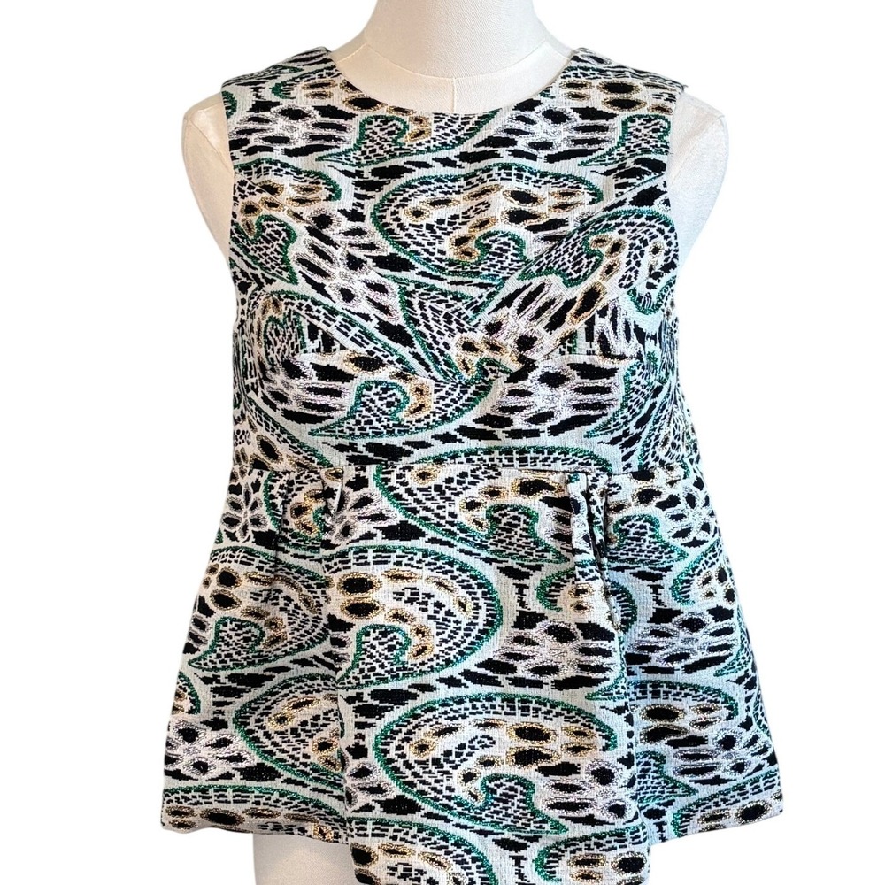 Rachel Comey Jacquard Metallic Top Abstract Green Gold Womens 2 Babydoll Peplum